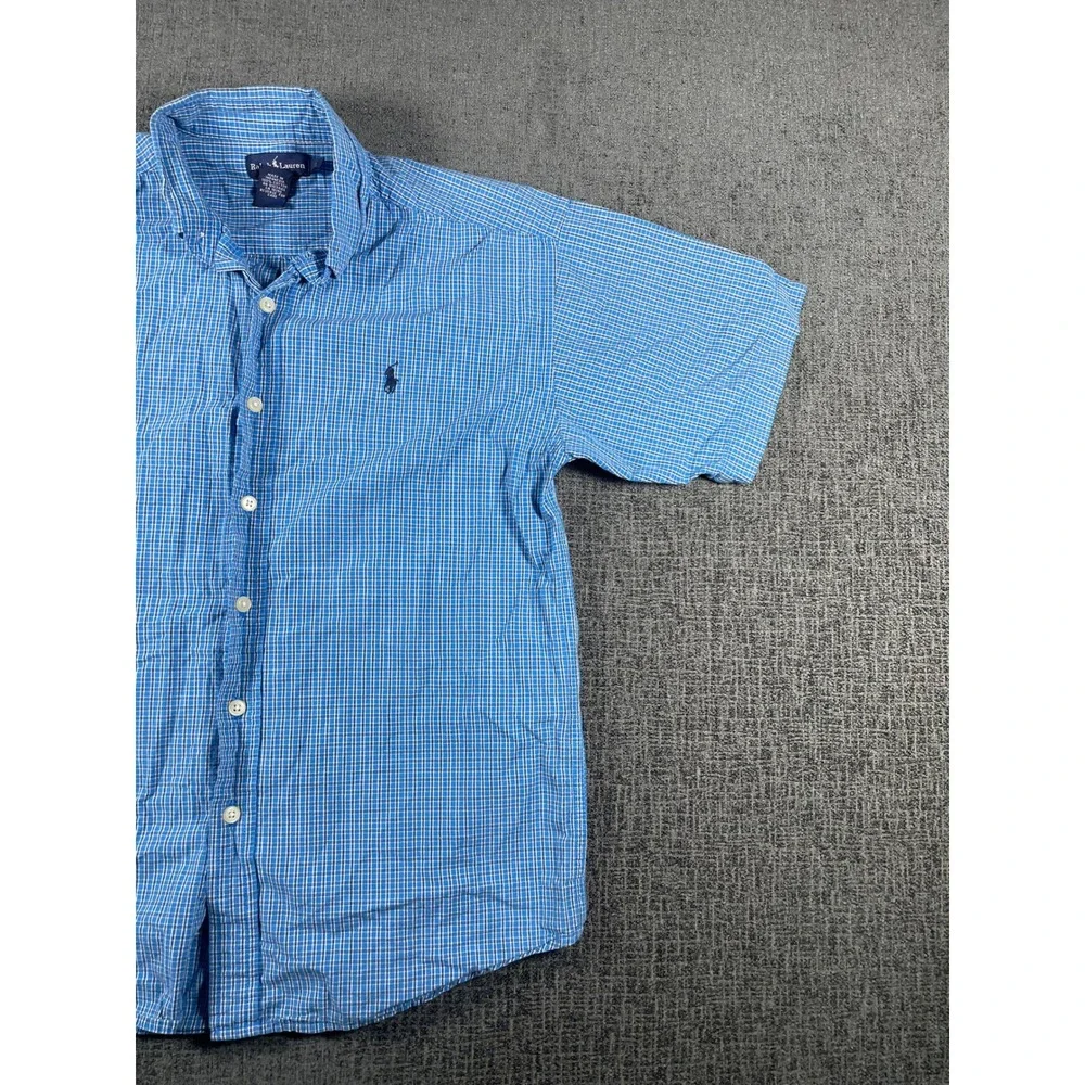 Ralph Lauren Kids Blue Gingham Cotton Short Sleeve Button Down Shirt Size Large